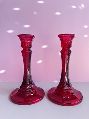 VTG Ruby Red Glass Candlestick Holders Pair Panelled Pressed Indiana Glass 6"T